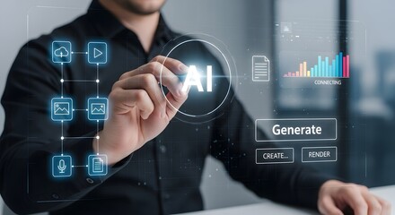 Innovative AI technology is visualized as a man interacts with the system, indicating process and growth for artificial intelligence.