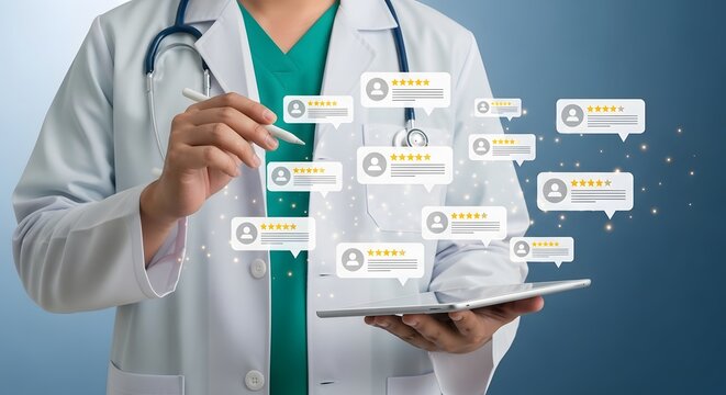 Doctor with tablet showing patient feedback ratings displaying reputation management and quality healthcare services in a modern online interface.