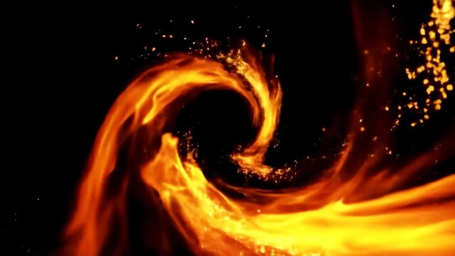 Dynamic animation of a swirling fiery vortex with glowing sparks rotating on a black background
