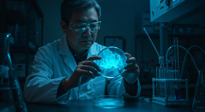 Scientist in a dark laboratory holding a glowing blue substance with a futuristic digital glitch effect