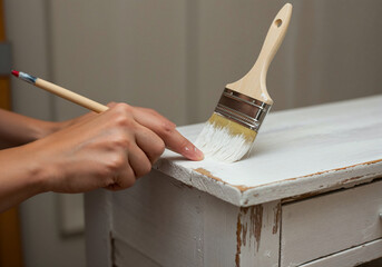 Close-up of a person painting a wooden board with white paint using a flat brush