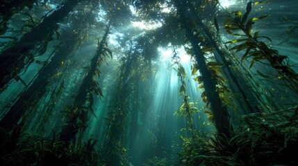 Sunbeams pierce kelp forest underwater