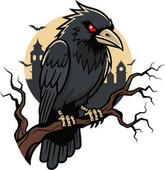 Dark Raven with Glowing Red Eyes on Tree Branch – Gothic Horror Crow Vector with Haunted Castle and Moon