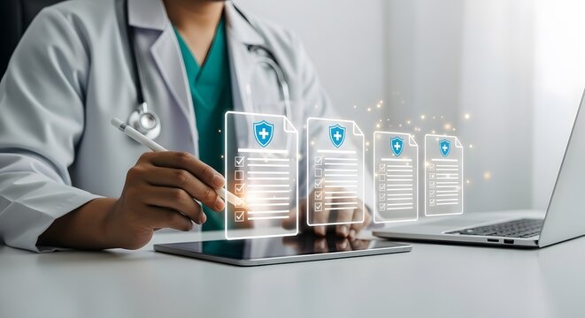 Doctor examines health insurance data on tablet, utilizing digital technology for medical records and virtual patient care with enhanced security. - Powered by Adobe