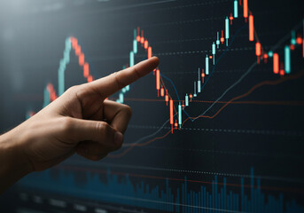 Business professional reviews intricate stock chart data displayed on a large monitor for investment insights.