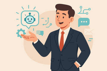 AI assistant chatbot concept. Businessman with virtual help icon. Smart technology for customer service and support. Artificial intelligence innovation. Digital communication.