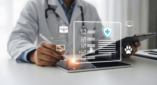 Healthcare professional uses digital tablet for medical records, presenting veterinary and human health data with modern technology and virtual interfaces.