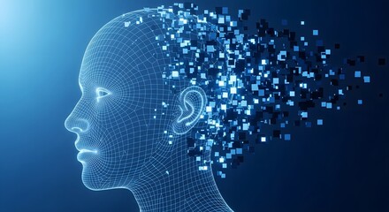 Digital transformation and data processing concept. A wireframe head dissolving into particles, representing big data, information flow, and machine learning.