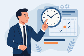 Businessman managing schedule with calendar and clock. Time management and planning concept for productivity optimization. Workflow organization and task deadline setting. Vector.