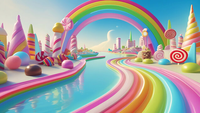 Whimsical candy land landscape with rainbow river and sweet buildings