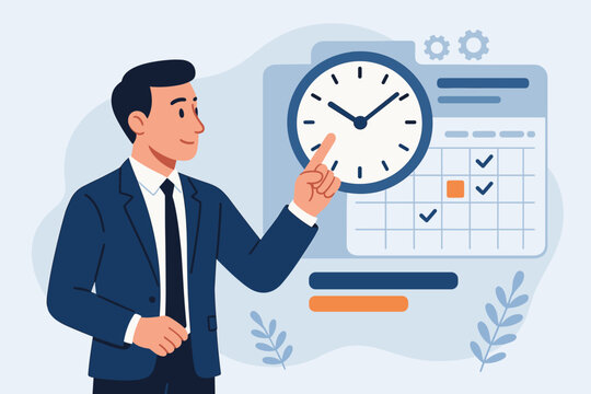 Businessman managing schedule with calendar and clock. Time management and planning concept for productivity optimization. Workflow organization and task deadline setting. Vector.