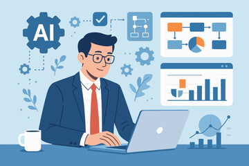 Businessman using laptop with AI automation, project management dashboard, digital workflow, data analytics, technology innovation, business intelligence, productivity concept