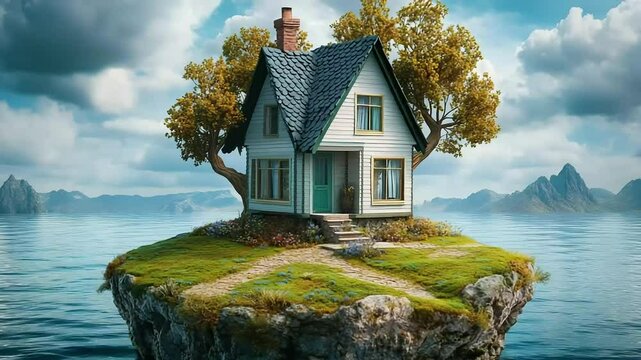 Dreamlike cottage rests on a verdant island adrift in a tranquil, expansive lake.