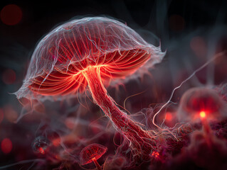 A glowing mushroom under dark conditions.