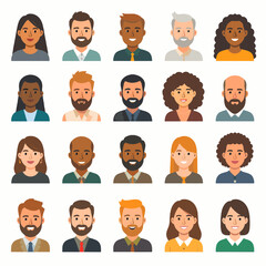 Diverse Group of Pixel Art People Avatars Collection Featuring Various Ethnicities and Hairstyles on White Background
