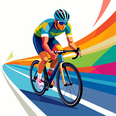 Dynamic Cyclist Racing on a Road with Colorful Streaks Background Wearing Blue and Yellow Outfit
