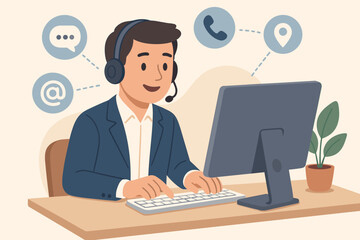 Customer support hotline communication. Businessman at computer with headset. Contact us concept. Email, phone call, chat message, location icons. Office help desk service vector