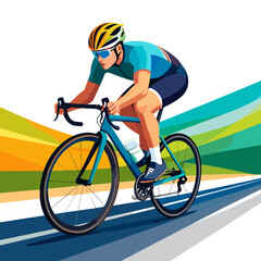 Obraz premium Dynamic Cyclist Riding Blue Bicycle with Yellow Helmet on Road with Abstract Colorful Background