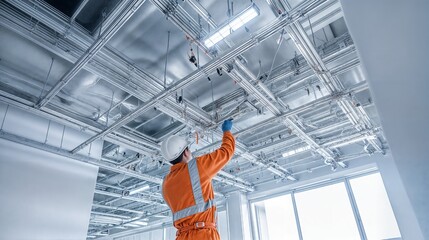 Electrician installing cable trays and led lighting in modern building
