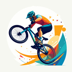 Naklejka premium Dynamic Mountain Biker Performing Wheelie with Abstract Graphic Elements on White Background Wearing Blue Helmet and Orange Jersey
