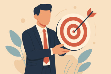Businessman Holding Target Bullseye, Arrow Hitting Center, Focus, Goal Achievement, Success, Precision, Ambition, Leadership, Motivation, Business Objective, Challenge