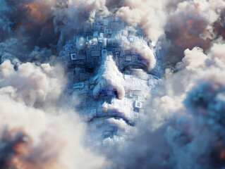 Conceptual human face emerging from clouds.