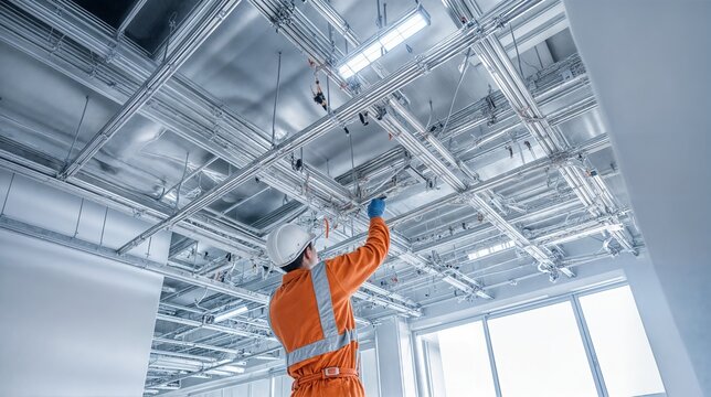 Electrician installing cable trays and led lighting in modern building