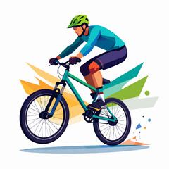 Naklejka premium Dynamic Teal Mountain Biker with Green Helmet and Geometric Accents in an Energetic Action Graphic Illustration