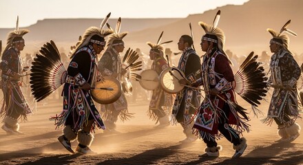 Native American Drummers in Traditional Regalia at Powwow, Golden Hour Light