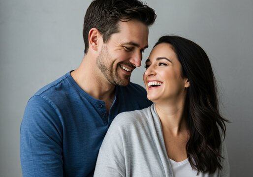 Joyful couple sharing a loving moment, smiling and gazing into each other's eyes