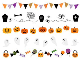 ハロウィンのラインイラストセット(幽霊 おばけ かぼちゃ お菓子 蜘蛛の巣 墓 ベクター 編集可能)