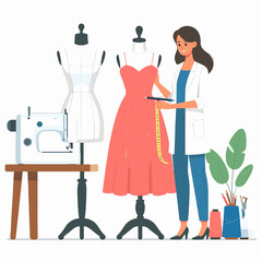 Fashion Designer Measuring Dress on Mannequin with Sewing Machine and Plants in Fashion Studio Creating Garments with Tape Measure