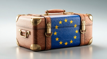 A vintage suitcase adorned with a section displaying the European Union flag, symbolizing travel or political unity within Europe.