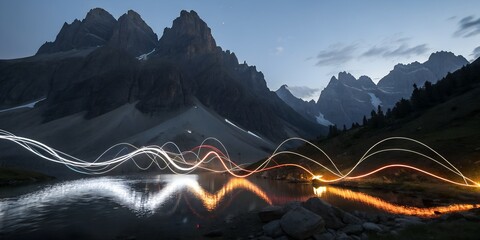Abstract light trails glow brightly over a calm mountain lake at twilight, creating beautiful reflections on the water's surface amidst a serene natural landscape.