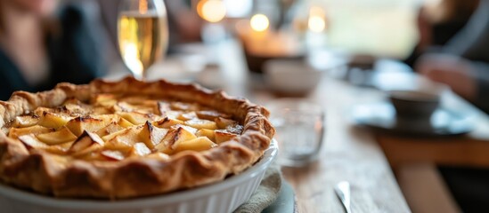 Homemade apple pie dessert on wooden table with blurred background ambiance