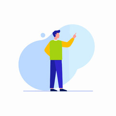 Full Body Illustration of Man in Green Sweater Pointing with Blue Geometric Background