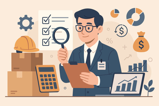 Procurement and Asset Management Concept. Businessman Manager Auditing, Purchasing Company Equipment, Goods, Services. Price Checking, Depreciation, Inventory, Financial Analysis