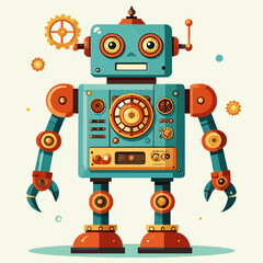 Fototapeta premium Illustration of an orange teal mechanical robot with square head and gear cog wheels hovering on a square neutral background in vector style
