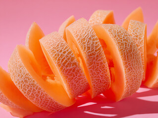 Fresh melon slices on a pink background.