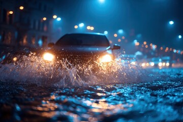 A car driving through a flooded street at night its headlights illuminating the water spray