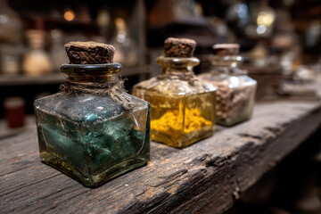 Old-fashioned glass bottles and powders on woode 03
