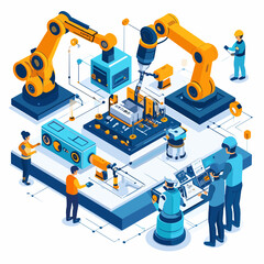 Fototapeta premium Isometric View of Automated Industrial Manufacturing Process with Orange Robotic Arms and Workers in Blue Outfits Overlooking the Digital Operations
