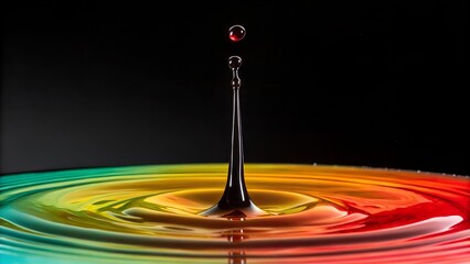 A single water drop impacts a colorful liquid, generating an elegant splash column and perfect circular ripples across the vibrant surface.