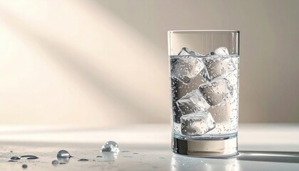 Refreshing Ice Water: A pristine glass of crystal-clear water, filled with glistening ice cubes, sits ready to quench your thirst, embodying purity and refreshment.