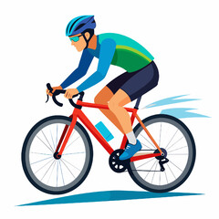 Fototapeta premium Male Cyclist in Action Riding Red Bicycle Wearing Blue Helmet and Green Jersey on White Background Illustration