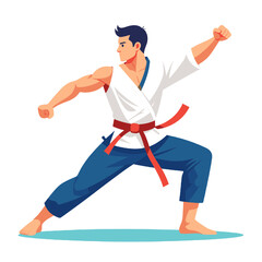 Obraz premium Man in White Karate Gi and Red Belt Performing Martial Arts Stance Against a White Background