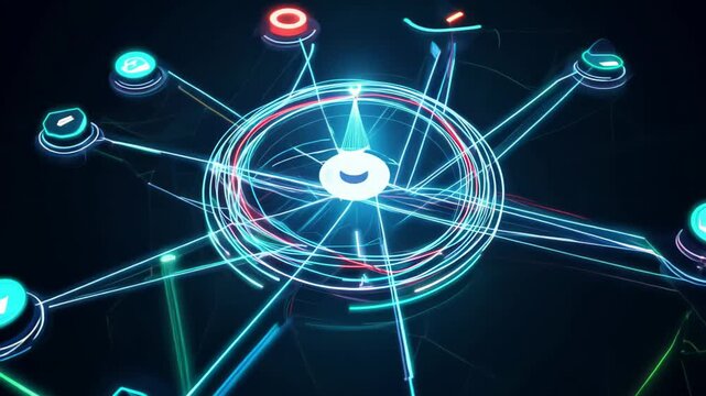A circular light pattern with blue and pink rays radiating outward, creating a glowing, surreal effect. The light movements evoke a sense of depth and cosmic energy.