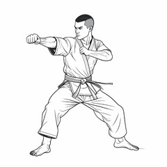Monochrome Illustration of a Karate Practitioner in White Uniform Executing Punching Technique with Balanced Stance on White Background
