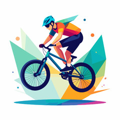 Fototapeta premium Mountain Biker Leaping with a Blue Bike Against Geometric Polygon Background in Vivid Colors like Orange and Teal