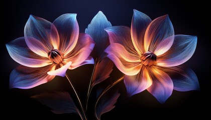 two luminous flowers with dark leaves on a black background